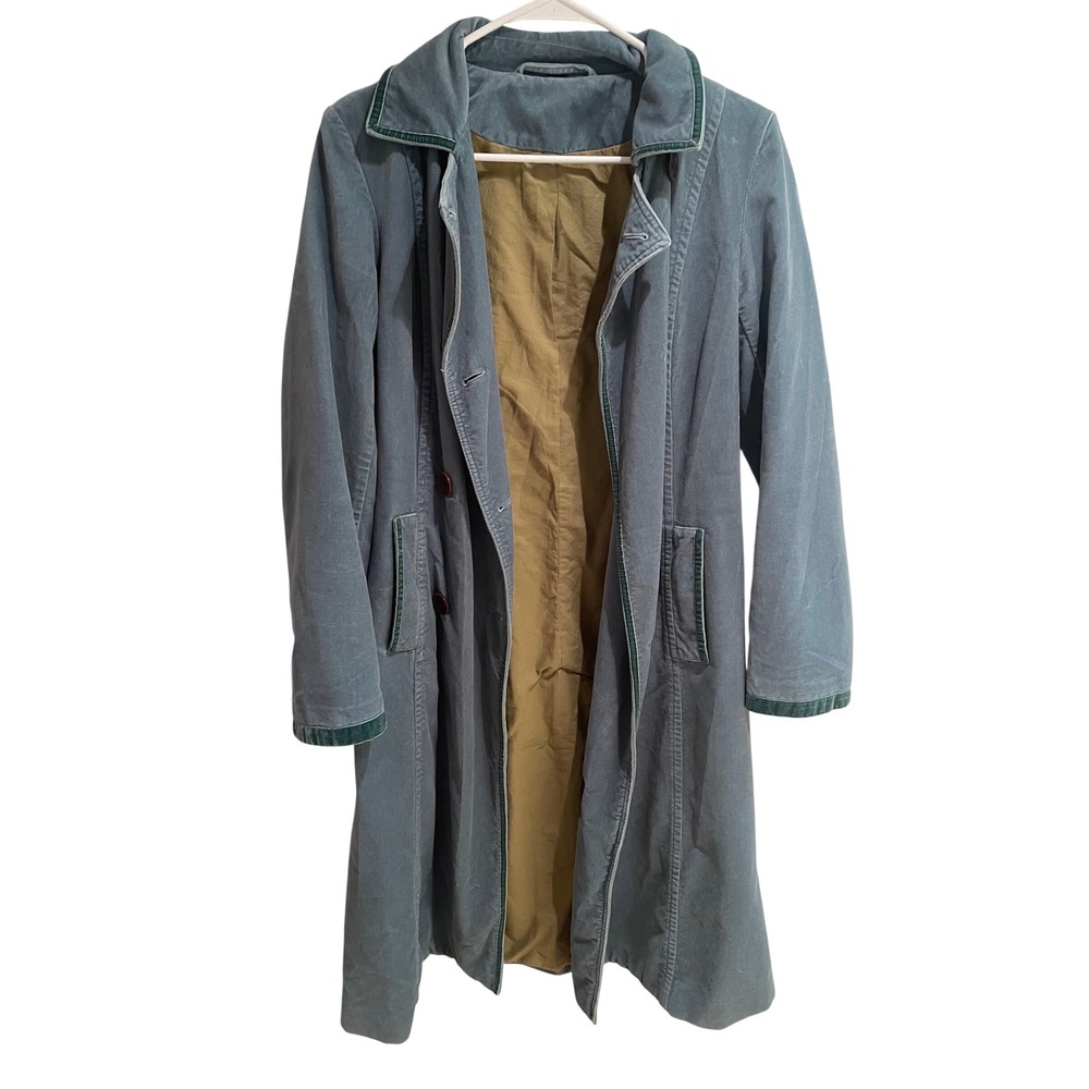 Boden Womens Corduroy Trench Coat Blue Gray Velvet Trim Lon Jacket Size 10 WE160